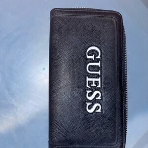 Guess Black Wallet with White Logo Zip Closure